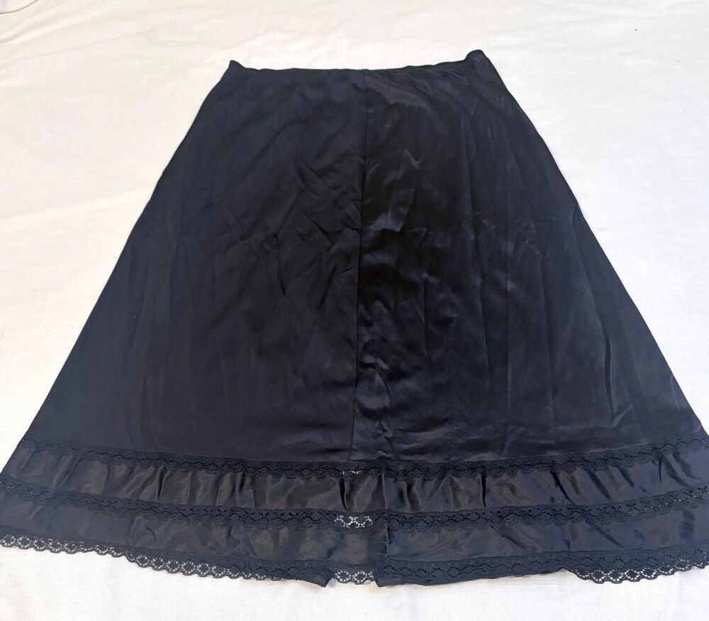 Vintage Black Half Slip Lace Trim A-Line Back Slit Fits Modern Medium/large